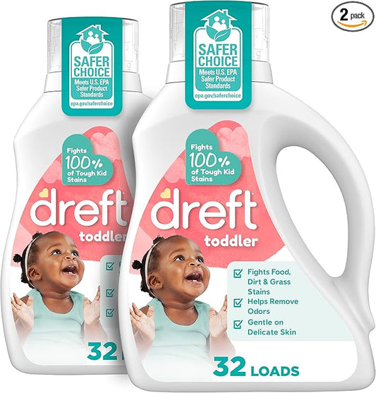 Dreft Toddler Liquid Laundry Detergent, Gentle on Sensitive Skin Laundry Soap, 42 fl oz, 32 Loads, Pack of 2 (Packaging May Vary)