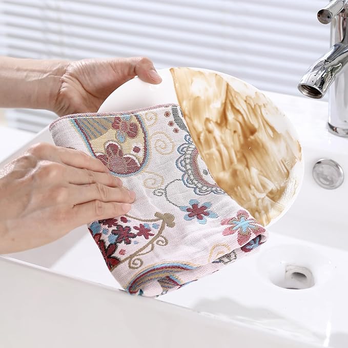 Kitchen Dish Towels for Drying 100% Cotton,Ultra Absorbent Quick Drying Thick Reusable Cleaning Decorative Tea Towels with Hanging Loop,Reversible Boho Pretty Hand Towels,4 Pack,Gift for Mom