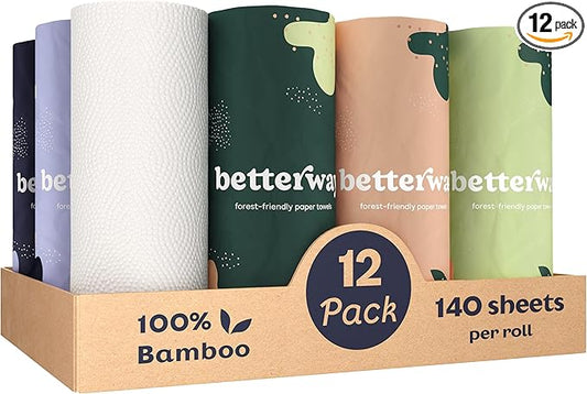 Betterway Bamboo Paper Towels 12 Pack - Non Toxic, Eco Friendly, PFAS Free - 140 Sheets/Roll, 2-Ply, No Plastic, No Dyes, Compostable, Sustainable, Strong & Absorbent, FSC Certified, Natural, White