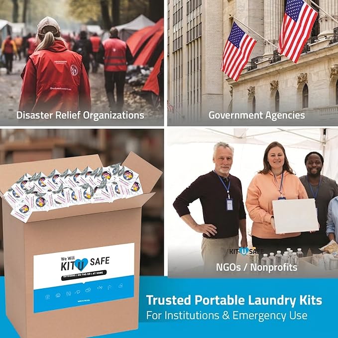 Portable Laundry Kit – Travel Clothes Cleaning Essentials with Liquid Detergent, Stain Remover Wipe, Dryer Sheet & Laundry Bag – Bulk Supply for Motels, Camping & Charities (100 Packs)