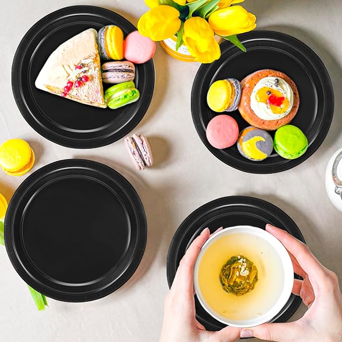 QZYL 50 Count Black 7 Inch Round Paper Plates, Heavy Duty Disposable Dinnerware for Parties, Weddings, BBQs, Birthdays, Picnics