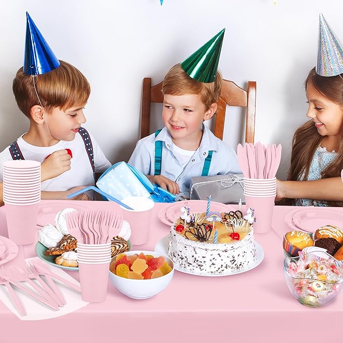 Kochorie 169 Pieces Light Pink Party Supplies Disposable Dinnerware Set Include Plates and Cups Napkins Plastic Forks Knives Spoons Tablecloth for Wedding Birthday Party Decorations, Serve 24 Guests