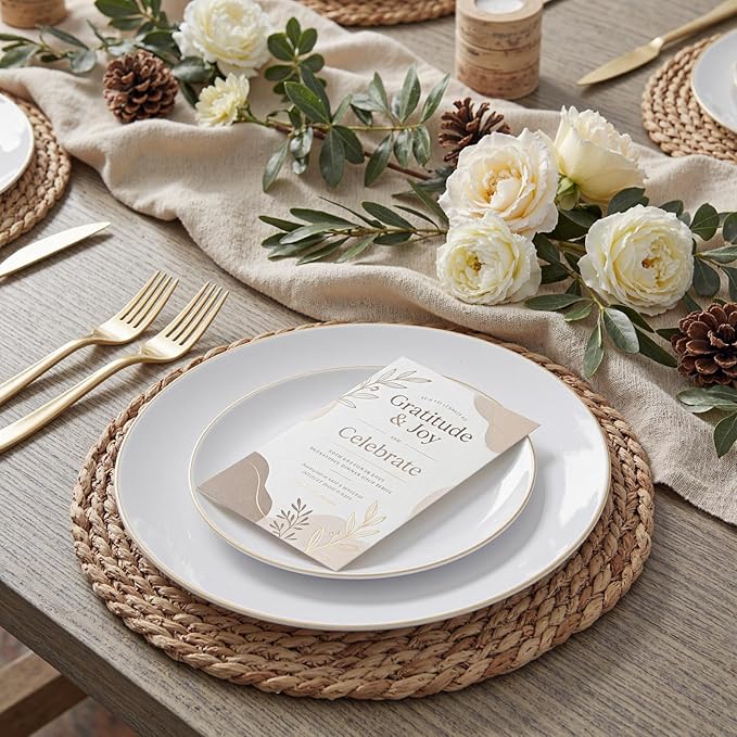KIRE 200PCS Gold Plastic Plates - Disposable Plates for Party - White Plastic Plates with Gold Rim Include 100 for Dinner and 100 for Dessert/Salad in Wedding/Party/Spring/Graduation