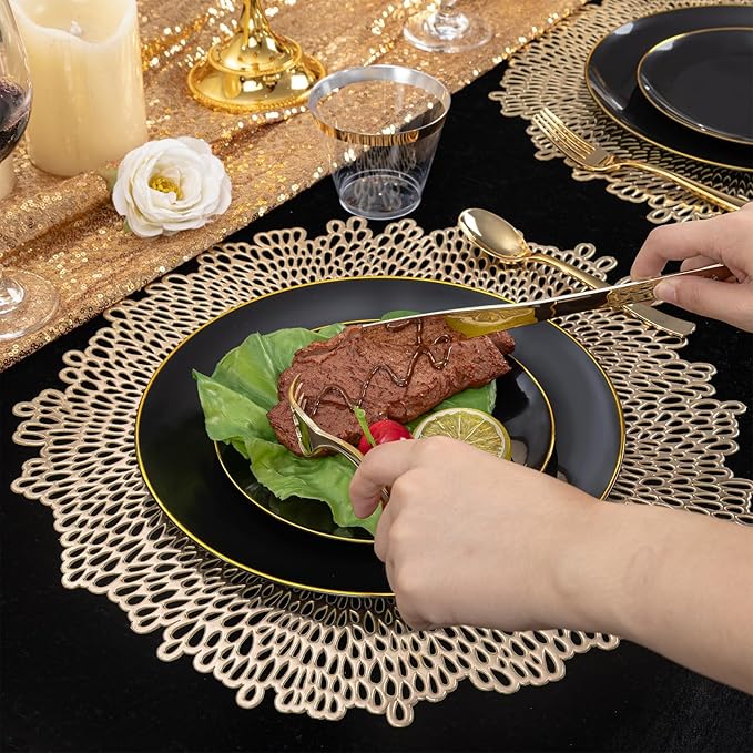 WDF 300PCS Black and Gold Plates - Black Plastic Plates for Party - 50 Guest Disposable Dinnerware Sets for Party/Wedding/Graduation/Memorial Day