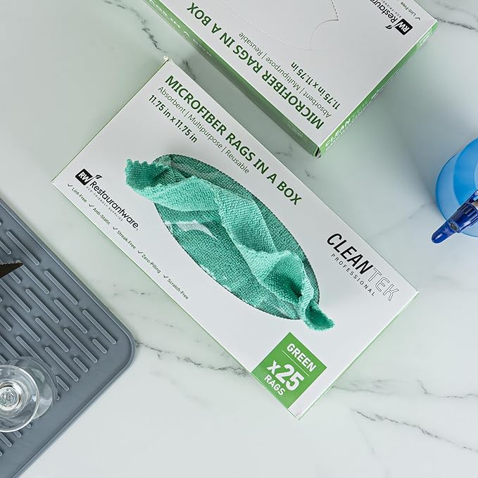 Restaurantware-Clean Tek Professional 11.81 x 11.81 Inch Microfiber Rags in a Box, 250 Absorbent Cleaning Cloths - No-Scratch, Green Microfiber Reusable Edgeless Cleaning Towels, Leaves No Streak