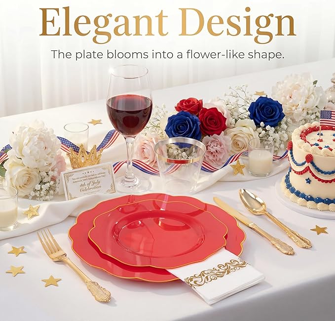 NOCCUR 175PCS Red Plastic Plates with Gold Disposable Silverware - Include 50 Red Gold Plastic Plates,25 Knives,25 Forks,25 Spoons,25 Cups and 25 Napkins - Ideal for Party/Independence Day/Wedding