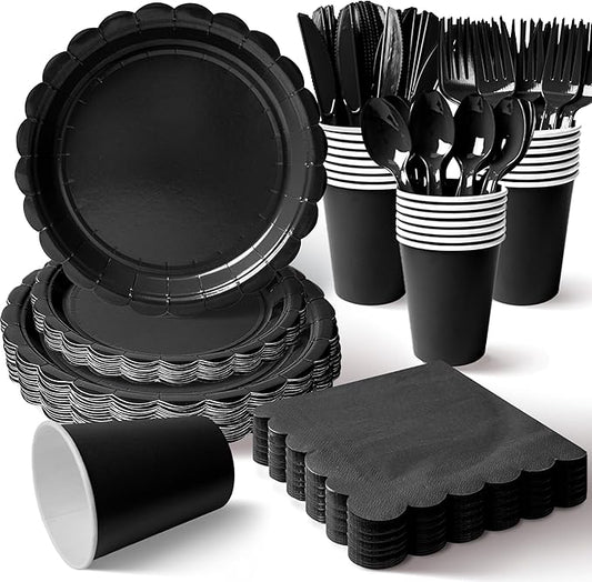 Vyntra 175 Pcs Black Disposable Paper Plates and Napkins Set for 25, 9" Dinner Plates & 7" Dessert Plates, Tableware for Birthday, Graduation, Wedding, Party