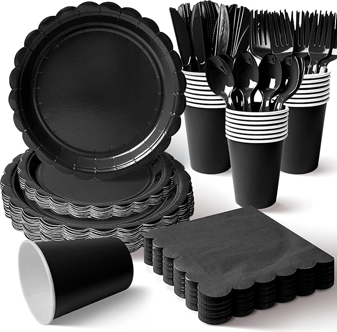 Vyntra 350 Pcs Black Disposable Paper Plates and Napkins Set for 50, 9" Dinner Plates & 7" Dessert Plates, Tableware for Birthday, Graduation, Wedding, Party