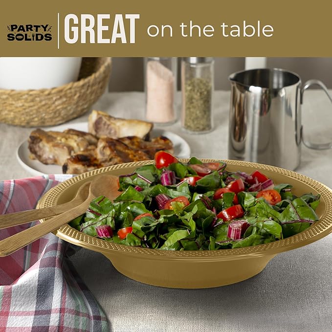 Party Solids 12 Oz Gold Plastic Bowls Disposable Bowls for Hot Food Soup 50 Pcs - For Soup, Salad, Cereal, Desserts & Party Supplies