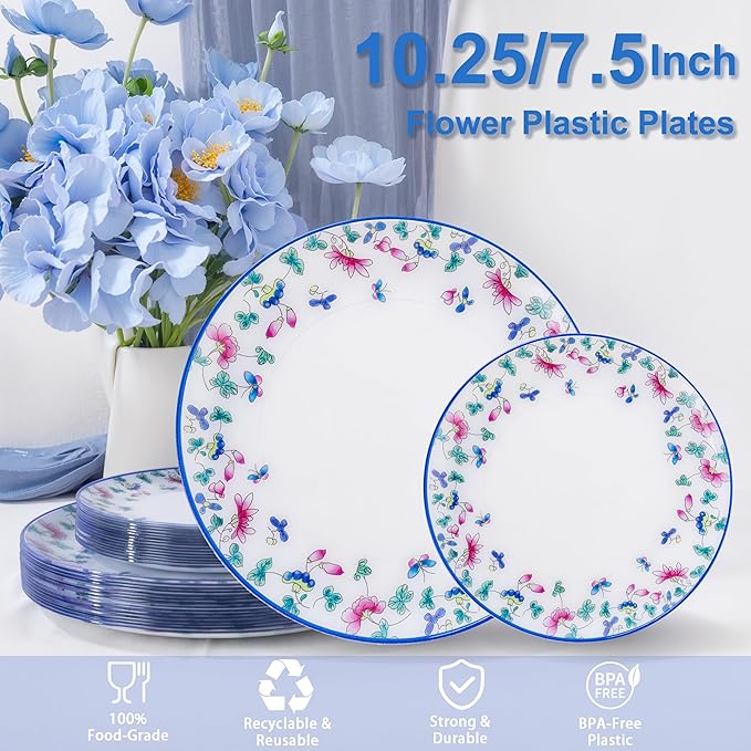 30Pcs Blue Plastic Plates - Butterfly Plates Disposable Heavy Duty, Fancy Floral Pattern Perfect for Weddings, Tea Parties, Holidays - 10.25" Dinner & 7.5" Dessert Plastic Plate