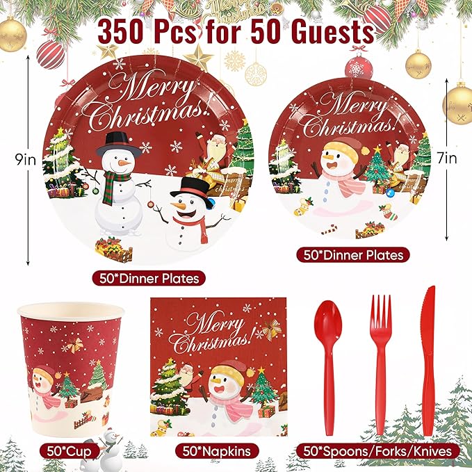 Fijinhom Christmas Paper Plates Set, 350 PCS Santa Gifts and Snowman Party Supplies, Disposable Dinnerware Set for 50 Guests, Paper Plates Napkins Cups for Christmas Eve