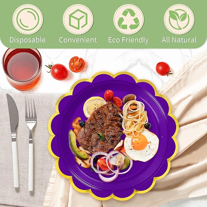 50 Pcs Purple Paper Plates, 25 Pcs 9" and 25 Pcs 7" Disposable Dark Purple Scalloped Plates with Gold Foil for Graduation Wedding Baby Shower Birthday Party Picnic BBQ