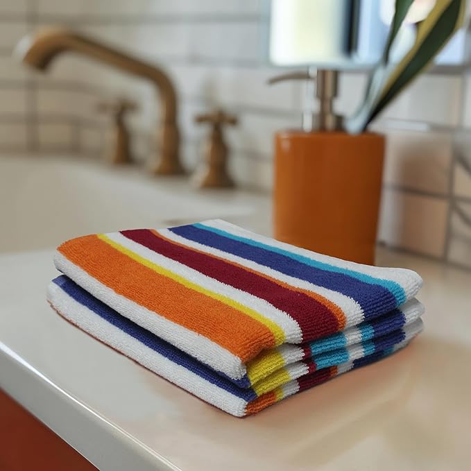ORIGINAL KIDS Hand Towels - Set of 6 Yarn Dyed Terry 100% Cotton Hand Towels - Super Soft Quick Dry Easy Care Absorbent Towels for Bathroom Kitchen Toddlers Children - 16 x 27 - Cabana Stripe Multi