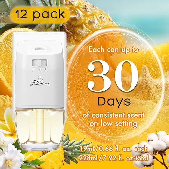 Plug In Air Freshener Refills for Home – Jasmine, Hawaiian, Cotton Scent, 12 Count, 7.92 Fl Oz, Compatible with Air Wick & Glade, Not for Glade Plus, Scented Refill for Home, Bathrooms, Bathroom Use
