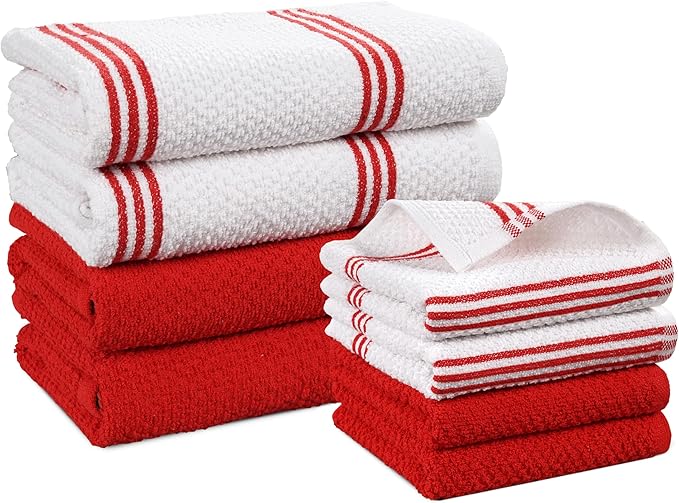 Casa Platino Kitchen Towel Set 8 Pc - 4 Dish Towels (16"x26") & 4 Dish Cloths for Washing Dishes (13"x13") - Cotton Rich, Absorbent, Quick Dry & Durable Kitchen Hand Towels for Wiping Dishes - Red.