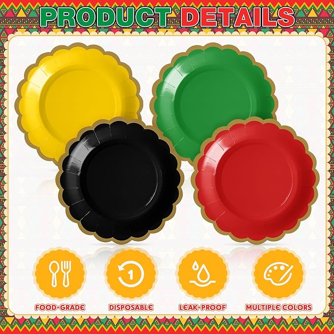 48 Pcs Red Green Yellow Black Paper Plates 7 Inch Scalloped Juneteenth African American Festival Disposable Dessert Plates for Black History Month Bridal Wedding Birthday Party Supplies