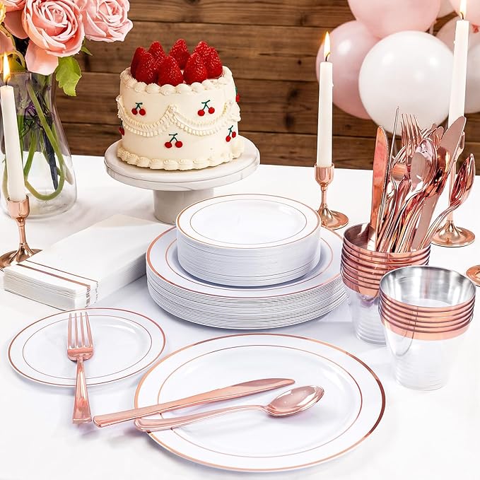 GATHER 350PCS Rose Gold Plastic Plates - Disposable Rose Gold Dinnerware Sets Includes 100 Gold Rimmed Plastic Plates, 150 Silverware, 50 Napkins, 50 Cups for Party, Wedding