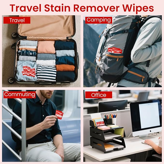 Stain Remover Wet Wipes Bulk, Individual Wrapped Clothes Portable Travel Messy Eater Cleaning Laundry Stain Removal Wipes Pocket Size for Clothing Fabric/Shoes/Wine/Fast Food 7.1 x 4.7 Inch (Red 100)
