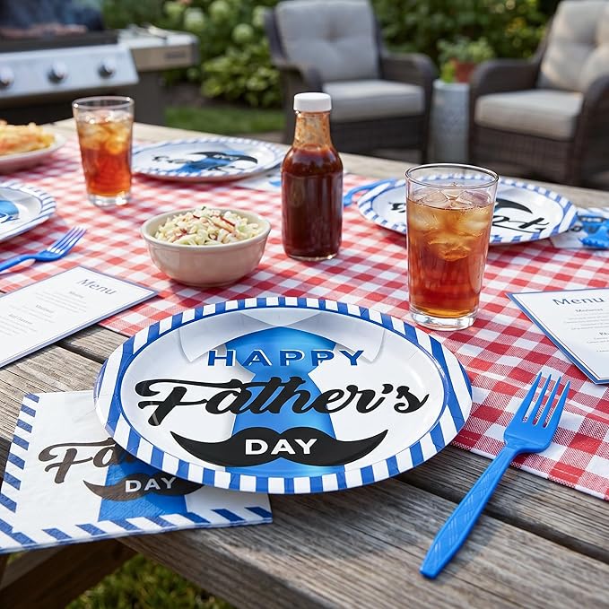 100 Pcs Father's Day Party Supplies for 25 Guests, Heavy-Duty 7" & 9" Paper Plates, 2-Ply 13" Napkins & Plastic Forks, Disposable Tie Theme Tableware Set for Dad BBQ Dinner Party