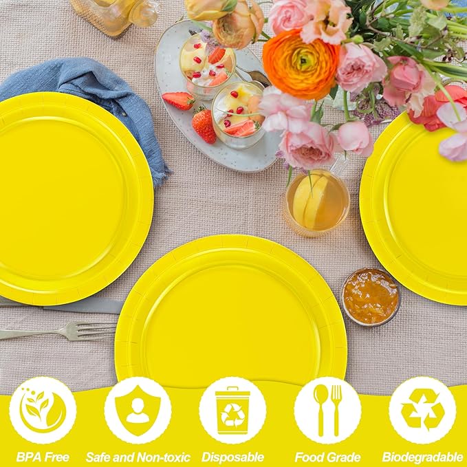 QZYL Disposable Paper Plates Set, 50 PCS Yellow Dinner Paper Plates, Round 9 Inches Party Tableware Pack for Daily Meal Picnic Anniversary Wedding Festival Gathering Party Supplies