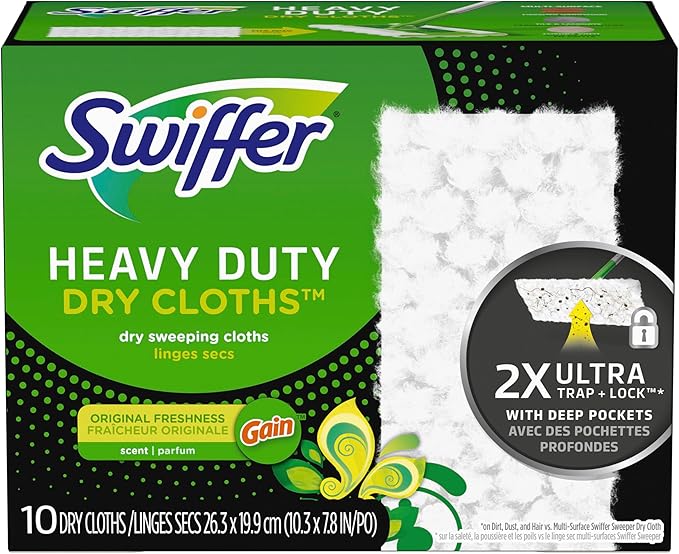 Swiffer Sweep + Mop, Dry Pads Refill, Floor Cleaner for Dirt, Dust, Hair, Cleaning Cloths for Mopping Home, Bathroom, Kitchen, All Purpose Multi-Surface Floor Wipes, Heavy Duty, Gain, 40ct