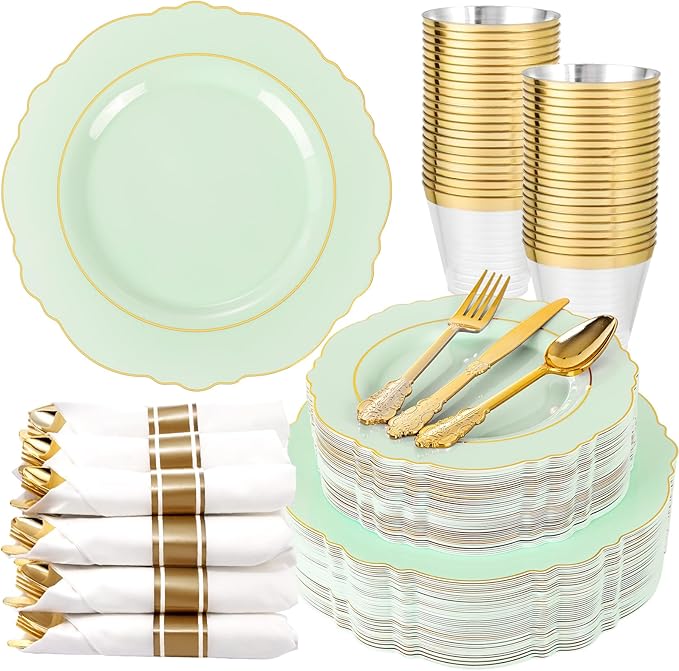 Liacere 350PCS Light Green Plates - Disposable Green and Gold Plastic Plates 50guest Baroque Dinnerware include 100Plates,50Pack Pre Rolled Napkins with Silverware 50Cups for Wedding ＆ Party & Spring