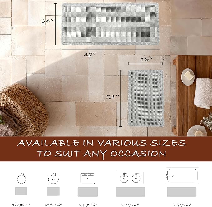DWCN Set of 2 Waffle Bathroom Mats, Non Slip Bath Rug Set for Bathroom Floor, Super Absorbent Shower Mats for Tub, Washable Kitchen Rugs for Farmhouse Boho Home Decor, 16" x 24" Plus 24" x 48", Grey