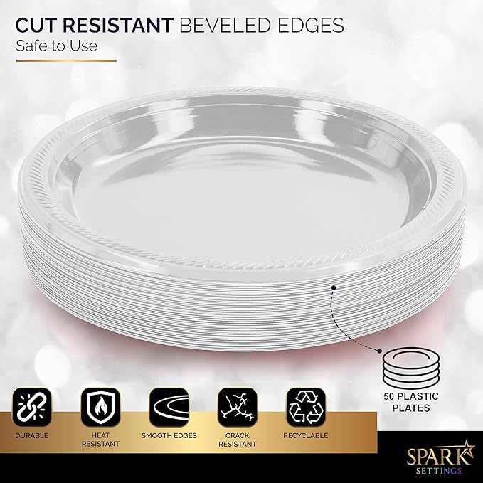 Amcrate Disposable White Plastic Dinner Plates, 10.4 Inches, Strong and Sturdy for Party, Holiday, Picnic, or Travel, Pack of 50