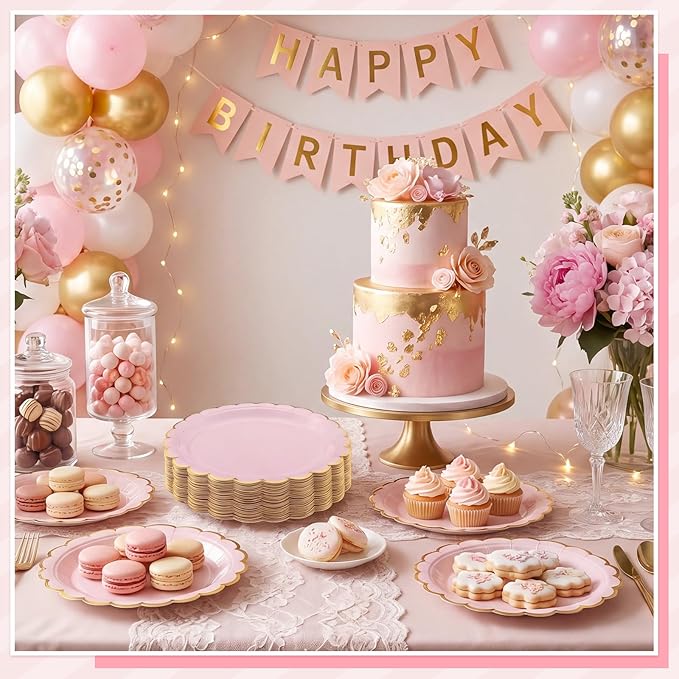 NatNarr 30 Pcs Pink Paper Plates 9 Inch Scalloped Pink and Gold Party Plates Cute Birthday Dessert Cake Plate for Girls Birthday, Baby Bridal Shower, Tea Party, Mothers Day