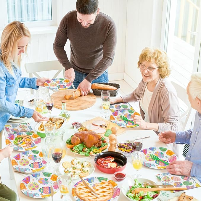 96 Pieces Easter Paper Plates and Napkins Tableware Set, Colorful Eggs Disposable Dinnerware with Plates, Napkins, Forks for Easter Spring Party Supplies-Serves 24