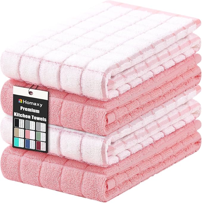 Homaxy Premium Cotton Kitchen Towels 16"x 28", Large Natural Ring Spun 390 GSM Dish Towels, Super Absorbent Terry Kitchen Hand Towels, Soft Tea Towels with Hanging Loop, Pink Check Design, 4 Pack