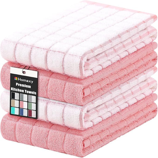 Homaxy Premium Cotton Kitchen Towels 16"x 28", Large Natural Ring Spun 390 GSM Dish Towels, Super Absorbent Terry Kitchen Hand Towels, Soft Tea Towels with Hanging Loop, Pink Check Design, 4 Pack