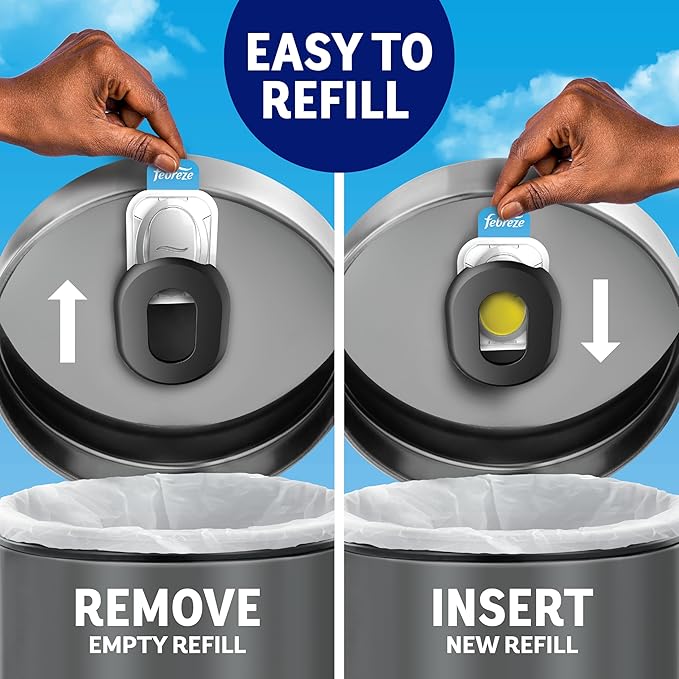 Febreze Trash Odor Fighter, Trash Can Air Freshener, Stick-On Deodorizer for Garbage Cans, Diaper Pails, Works with Scented Trash Bags, Fresh Lemon and Linen & Sky Scents, 2 Holders + 2 Refills