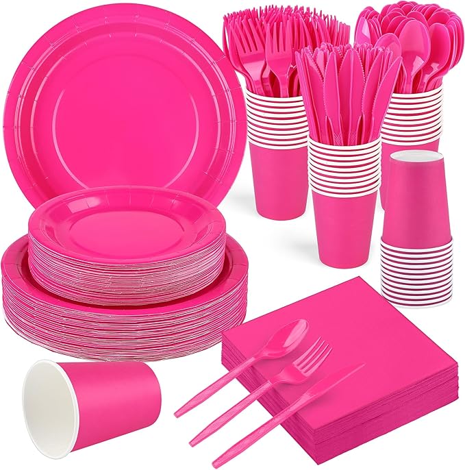 Kochorie 350 Pieces Hot Pink Dinnerware Set, 7 & 9 inch Dessert Paper Plates Cups Napkins Plastic Cutlery Disposable Party Supplies for Birthday Baby Shower Wedding, Serve 50 Guests