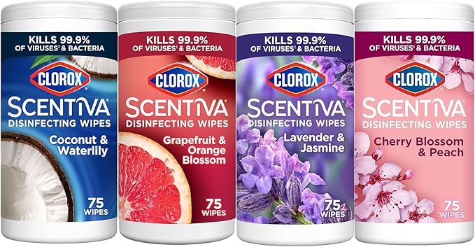CLOROX Scentiva Disinfecting Wipes Bundle, Coconut and Waterlily, Grapefruit and Orange Blossom, Lavender and Jasmine, Cherry Blossom and Peach, 75 Count Each (Package May Vary