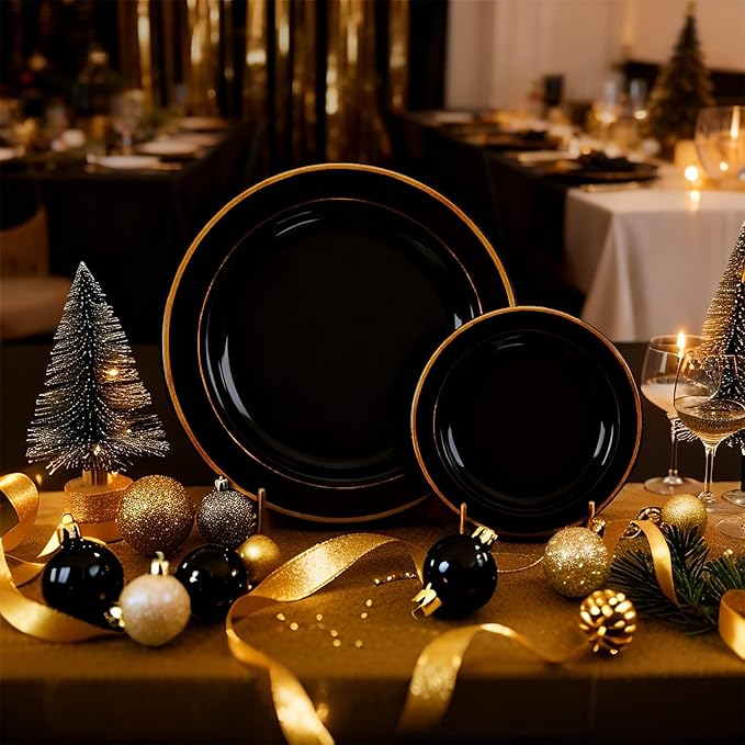 FLOWERCAT 100PCS Black and Gold Plates - Heavy Duty Black Plates Disposable for Halloween Party/New Year/Birthday- Include 50PCS 10.25inch Dinner Plates - 50PCS 7.5inch Dessert Plates