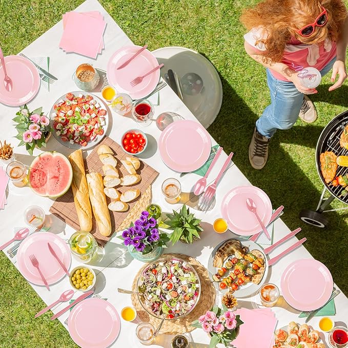 228PCS Pink Party Supplies Set Include Paper Plates Cups Pink Napkins Plastic Spoons Forks Knives for 30 Guests Disposable Party Dinnerware For Birthday Wedding Family Picnic