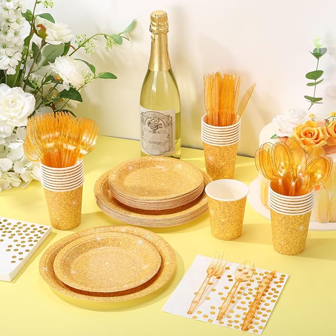 Hushee 175 Pcs Gold Holographic Print Party Supplies Guests Disposable Dinnerware Set Include Paper Plates, Napkins, Cups, Plastic Cutlery for Wedding Birthday Disco Bachelorette
