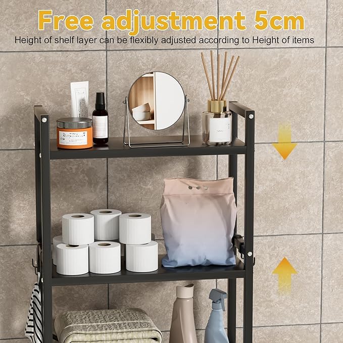 Over The Toilet Shelf, 3-Tier Adjustable Freestanding Metal Bathroom Organizer Shelves with Hooks,Space-Saving for Narrow Small Bathroom,18.9" Wx7.9 D x65 H