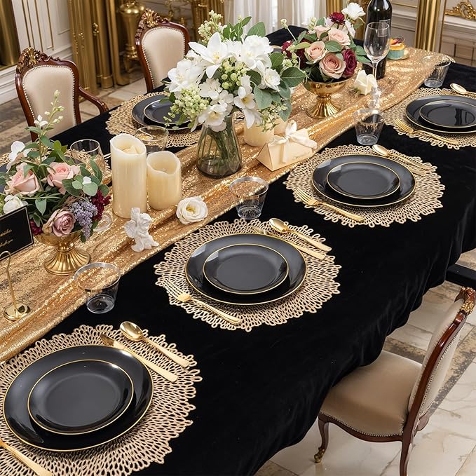 WDF 150PCS Black Plastic Plates - Black and Gold Plates Disposable - 25 Guest Disposable Dinnerware Sets for Party/Wedding/Graduation/Memorial Day