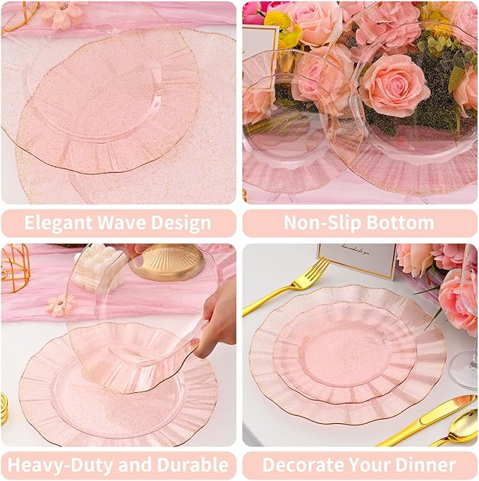 60Pcs Premium Pink Plastic Plates, Fancy Clear Pink and Gold Glitter Disposable Plate, Elegant Wedding Plate Set include 30 Dinner & 30 Dessert Plates for Wedding（30Guests）
