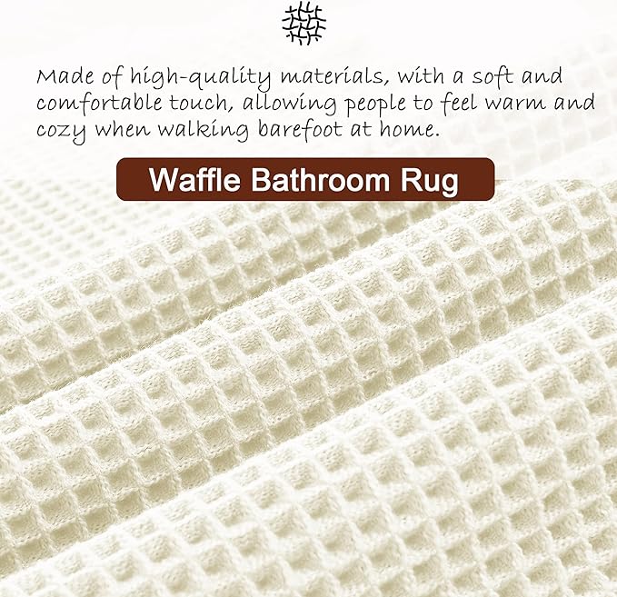 DWCN Waffle Bathroom Mat Set, Super Absorbent Non Slip Bath Rug Set for Bathroom Floor, Shower Mats 2 Pcs for Tub, Washable Kitchen Rugs for Farmhouse Boho Home Decor, 24 x 16 Inch, Ivory