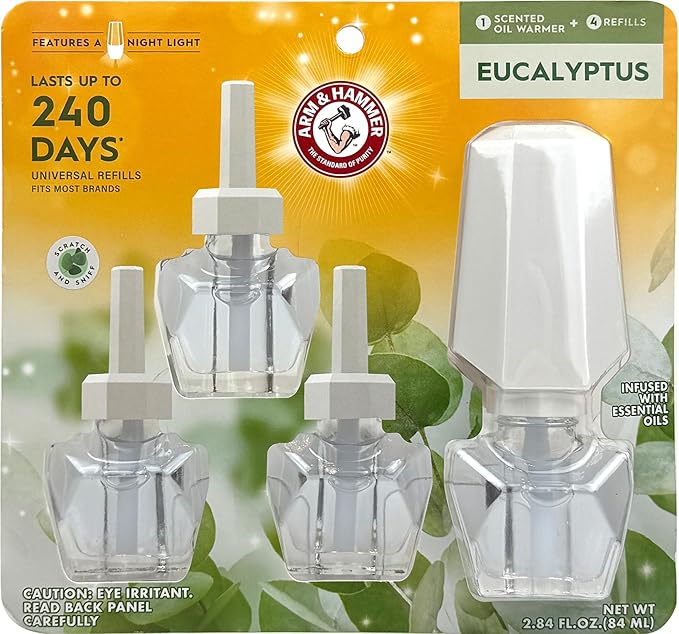 Arm & Hammer Plug in Scented Oil Starter Kit, 1 Warmer with Night Light + 4 Refill, Eucalyptus, Eco Friendly, Air Freshener Essential Oils