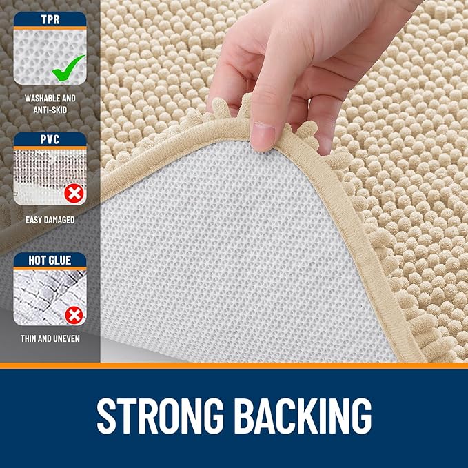 OLANLY Bathroom Rugs 30x18, Extra Soft Absorbent Chenille Bath Rugs, Rubber Backing Quick Dry, Machine Washable Bath Mats for Bathroom Floor, Tub and Shower, Home Decor Accessories, Beige