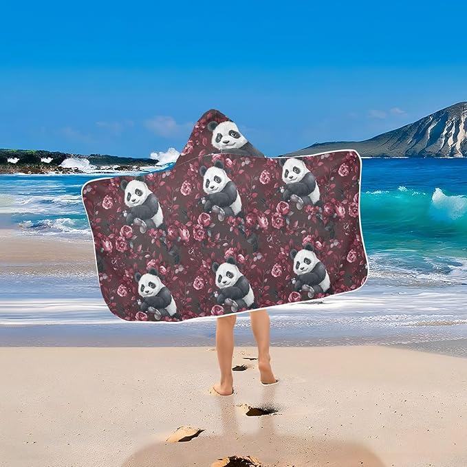 Hooded Beach Towel for Kids Cartoon Panda Burgundy Hooded Towels for Boys Soft Bath Towels with Hood