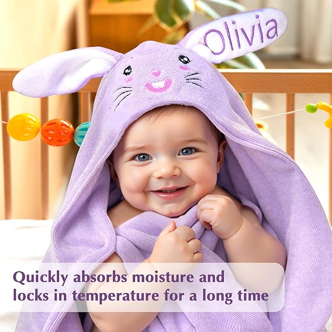 Baosity Custom Hooded Baby Towel with Name, Soft Absorbent Toddler Towel, Bunny Baby Bath Towels for Girls Boys, Personalized Easter Brithday Christmas for Baby, Toddler, Newborn Essential