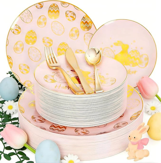 Liacere 150Pcs Easter Plates with Gold Bunny - Pink Plastic Dinnerware Includes 30 Egg and Rabbit 30 Dessert Plates, 30 Forks, 30 Spoons,30 Knives for Easter Party