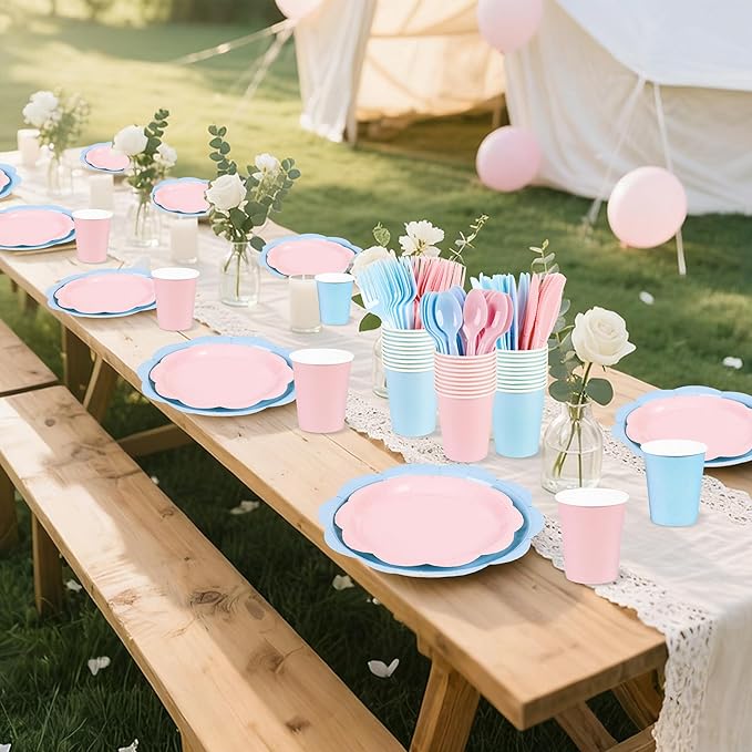 400 Pcs Baby Gender Reveal Plates and Napkins Set Party Supplies, Tableware set for 50 Guest include Pink and Blue Scalloped Plates Napkins Knives Forks Spoons Cups for Baby Shower Gender Reveal Party