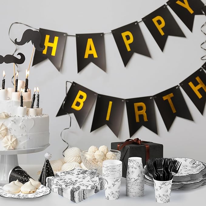 Kochorie 144 Pieces Black Floral Paper Plates and Napkins Party Supplies, Black and White Flower Tableware Set Include Vintage Scalloped Plates Napkins Cups Forks for Wedding Birthday Tea Party
