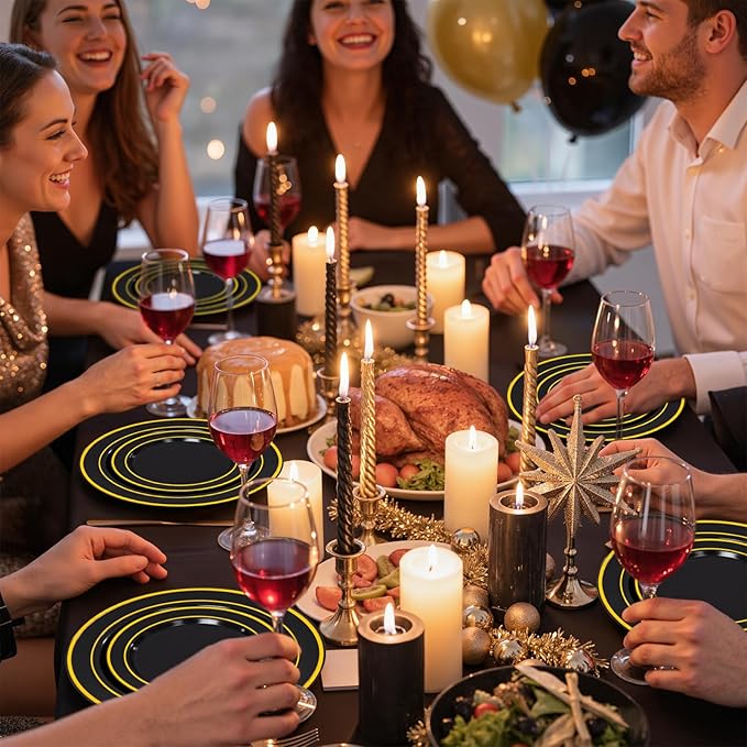 WDF 200PCS Black and Gold Plastic Plates - Black Plates Disposable for Party - Heavy Duty Plastic Plate for Wedding/Party/Birthday/Graduation